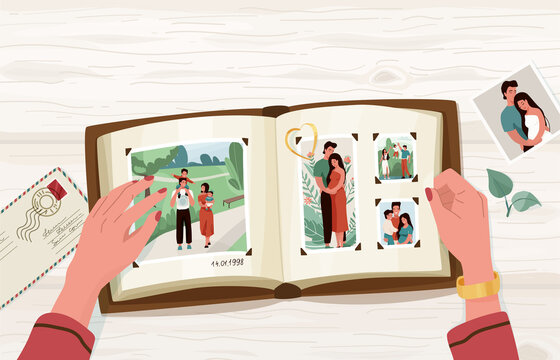 Photo album with family photographs, vector illustration in simple cartoon flat style with empty blank space at the top. Female hands holding open memorable book. View from above