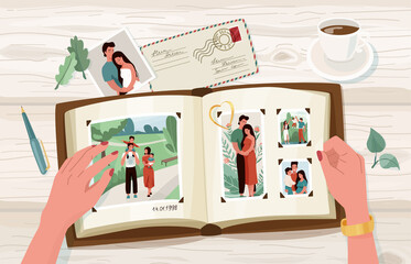 Photo album with family photographs, vector illustration in simple cartoon flat style. Female hands holding open memorable book. Top view