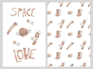 Vector cats in outer space with planets and stars. Seamless pattern with funny animal astronauts.