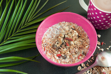 Coffee mug and oatmeal with nuts and dried fruits in violet bowl on black table near green palm leaf. Perfect whole grain breakfast as organic food.