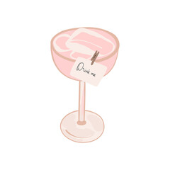 Vector illustration. Alcoholic cocktail pink margarita or prosecco-based drink. Sticky note to the glass, text drink me