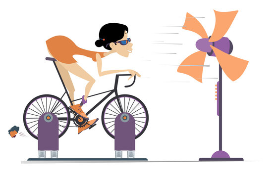 Cyclist trains at home on the exercise bike illustration. Cyclist woman rides on exercise bike in front of the ventilator isolated on white