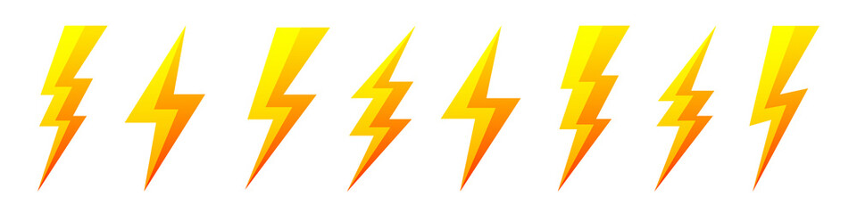 Yellow lightning bolt icons isolated on white background. Flash symbol, thunderbolt. Simple lightning strike sign. Vector illustration.