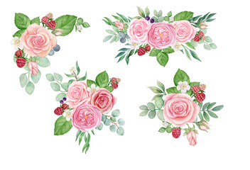 watercolor set with bouquets of roses