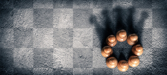 
Group Of Pawns On Chessboard Creating Shadow Of Kings Crown - Business Teamwork Concept