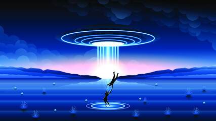 Abstract Sky Forest Background Silhouette With Flying Sauce Ufo NIght Clouds Mountains Kidnaps People Vector Design Style © Дмитрий