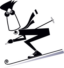 Cartoon skier man illustration. Young man downhill skier black on white
