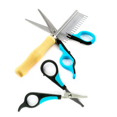 Scissors and comb for grooming dog hair isolated on white .