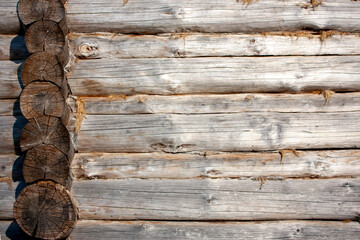 Fragment of a wall made of logs. Wall of an eco-friendly wooden house. tow between the logs on the wall of the old house.
