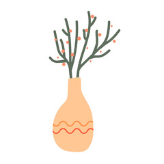 Vector set of  elegant glass vase with plants and berries. Scandinavian hygge elements perfect for textile, fabric, posters, cards