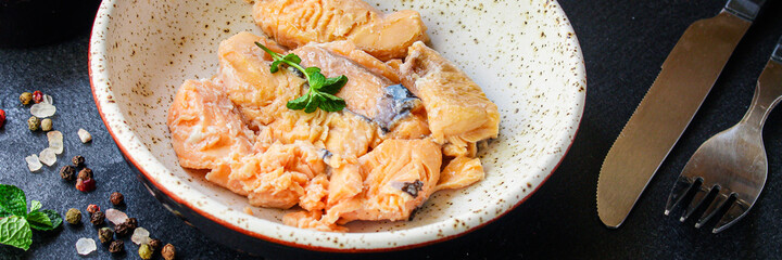 fish canned salmon seafood ready to eat on the table meal snack top view copy space for text food background image rustic