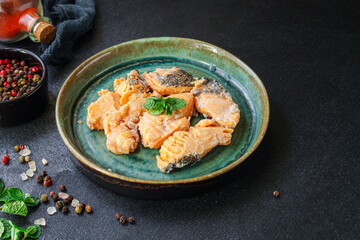 fish canned salmon seafood ready to eat on the table meal snack top view copy space for text food background image rustic