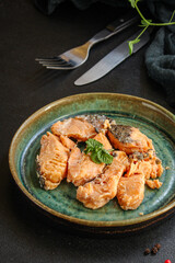 fish canned salmon seafood ready to eat on the table meal snack top view copy space for text food background image rustic