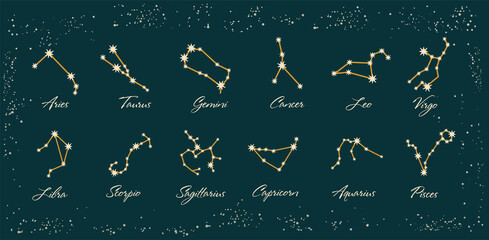 Set of signs of the zodiac, constellations. Horoscope symbols, stars, vector set of astrological signs, on a green background. Illustrations for ancient alchemy. Astrological constellations