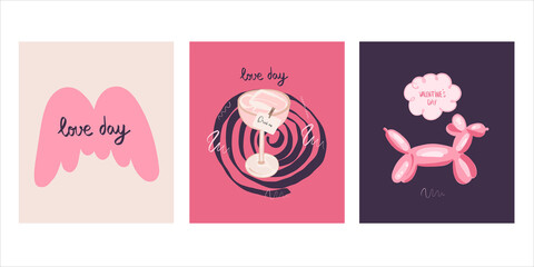Fototapeta na wymiar Vector set of cute greeting cards for valentine's day, hand drawn design elements cute dog, wings with a phrase, cocktail with a note .