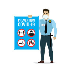 Security guard in protective mask. Staff holds Covid-19 prevention banner. Poster with prohibited marks, social distancing norms.