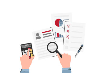 Underwriter checking client documents for mortgage isolated. Human hands keeping magnifier and calculator. Papers with personal information, diagram, graph. Vector flat illustration with copy-space