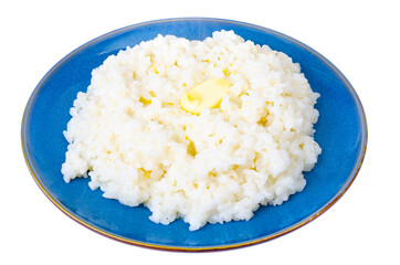 Delicious rice milk porridge in blue plate on white background