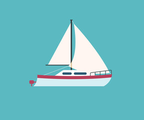 Flat style illustration of a modern sailing yacht on the sea. Illustration for vacation trip, sailing or fishing. Simple flat stiyle icon