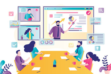 Businessman explains new strategy to colleagues on screen. People met at online conference