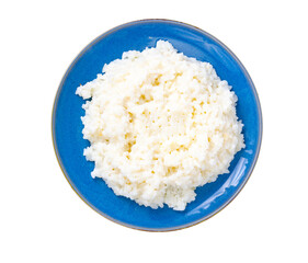 Delicious rice milk porridge in blue plate on white background