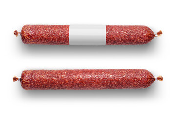 Dry salami sausage with blank label isolated on white background.