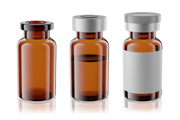Vaccine brown glass injection vials set isolated. 3d rendering mockup.