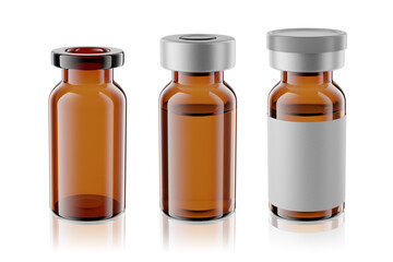 Vaccine brown glass injection vials set isolated. 3d rendering mockup.