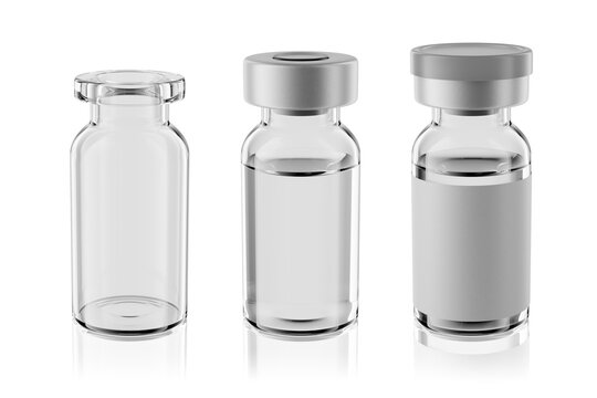 Vaccine clear glass injection vials set isolated. 3d rendering mockup.