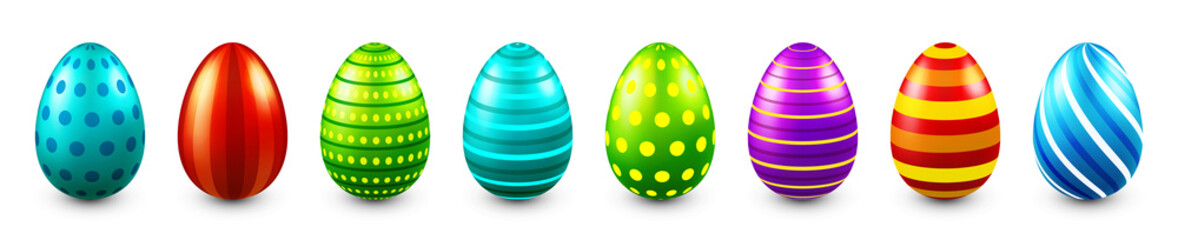 Colorful Easter eggs isolated on white background. Seasonal spring decoration element. Egg hunt game. Vector illustration.