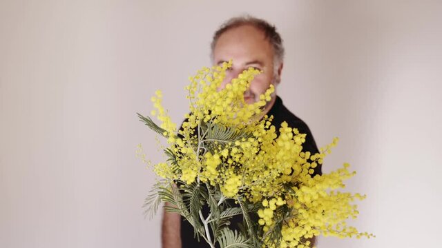 Handsom mature bearded man smiling and giving mimosa flower to viewer. Man with bouquet.Holiday concept. Slow motion.