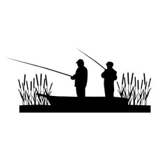 Silhouette of two fishermen fishing in a boat among the reeds, on a white background. Vector illustration. 