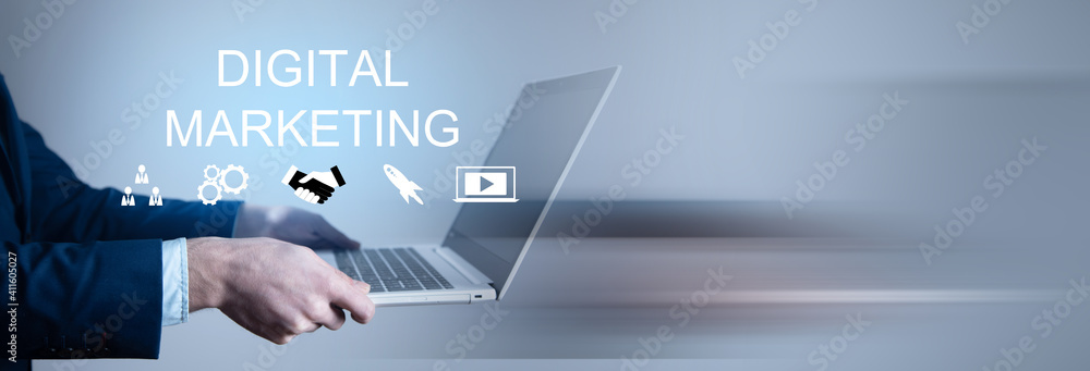 Poster man holding computer with digital marketing network