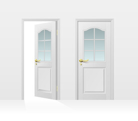 Classic white entrance door closed and open for interior and exterior design isolated