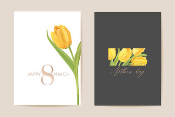 Women international day greeting. Vector floral card illustration. Realistic tulip flowers template background
