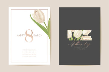 Fototapeta na wymiar Women international day greeting. Vector floral card illustration. Realistic tulip flowers template background