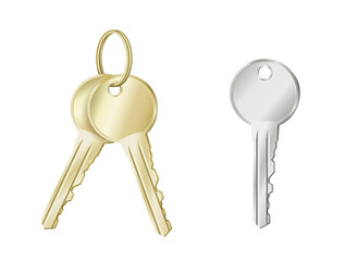 Realistic keys in gold and silver. Keychain isolated on white background