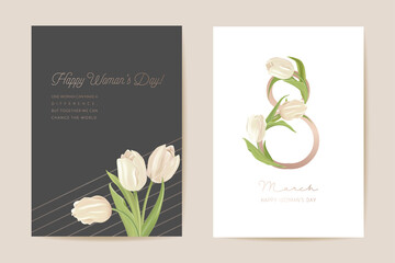 Modern Woman day 8 March holiday card. Spring floral vector illustration. Greeting realistic tulip flowers