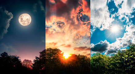 beautiful skies by day, at sunset and at night in the middle of nature - obrazy, fototapety, plakaty