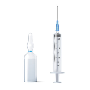 Medical Syringe With Needle And Glass Ampule. Medicine Injection Dose Template Mockup