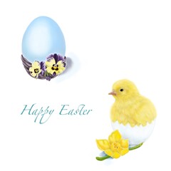 Easter decorations. Eggs and chicken in the shell. Pastel illustration.