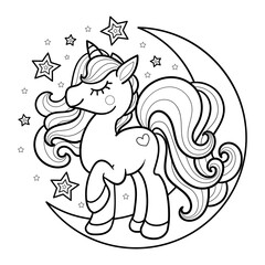 Cartoon unicorn on the moon. Black and white image for coloring. Vector image. © Zerlina