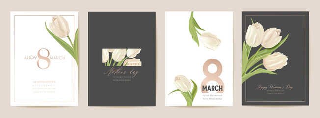 Woman day 8 March holiday card. Spring floral vector illustration. Greeting realistic tulip flowers template