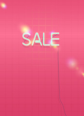 Neon glow SALE sign and rainbow light effect on pink tiles wall, aesthetic ambience room, futuristic modern-retro illustration background template