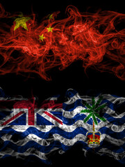 China, Chinese vs British, Britain, Indian Ocean Territory smoky mystic flags placed side by side. Thick colored silky abstract smoke flags.