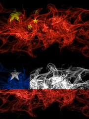 China, Chinese vs Chile, Chilean smoky mystic flags placed side by side. Thick colored silky abstract smoke flags.