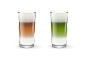 Vector 3d Realistic Transparent Glass. Milk Foam Coffee, Matcha, Latte, Capuccino. Glossy Cup Isolated on White Background. Design Template. Front View