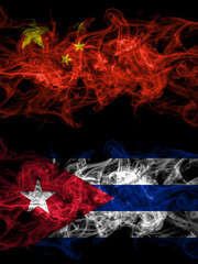 China, Chinese vs Cuba, Cuban smoky mystic flags placed side by side. Thick colored silky abstract smoke flags.