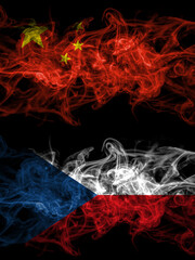 China, Chinese vs Czech Republic smoky mystic flags placed side by side. Thick colored silky abstract smoke flags.