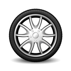 Aluminum wheel car tire racing on white background, realistic 3d vehicle tire